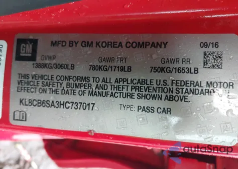 2017 Chevrolet Spark Ls Cvt из США, поврежденный, VIN KL8CB6SA3HC737017